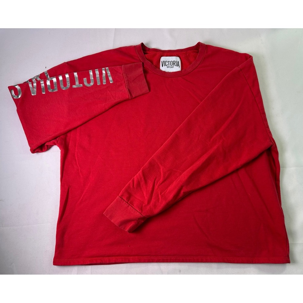 Victoria Sport Sweatshirt Womens Large L Red‎ Silver Metallic Sleeve Spellout